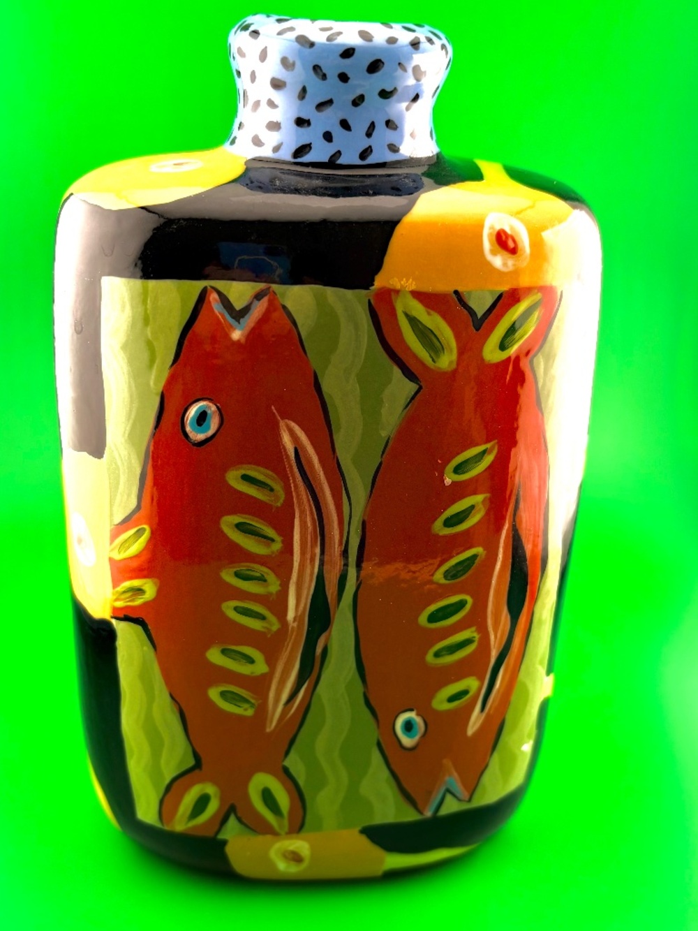 Droll Designs Hand Painted Ceramic Flask Jar Vase 8.5" Fish & Olives SIGNE